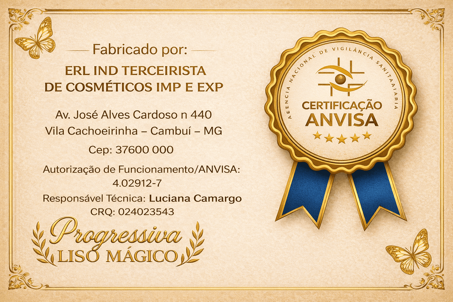 Certificado ANVISA - Progressiva Liso Magico - Autorizacao de Funcionamento 4.02912-7